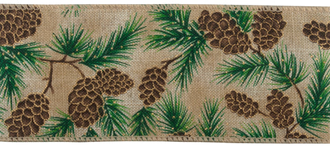 Groves ~ Premium Wire Edge Ribbon ~ 63mm ~ Pine Cones
